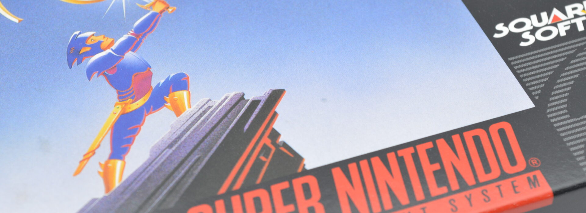Close-up of a complete-in-box retro video game