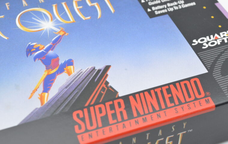Close-up of a complete-in-box retro video game